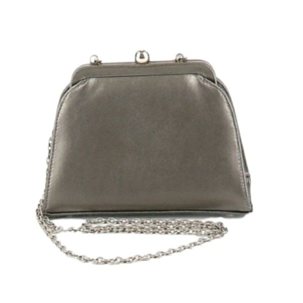 Vtg 90's Inge Christopher Evening Bag Gunmetal Gray Leather Crossbody Baguette‎